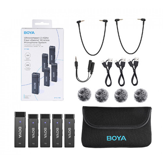 Boya BY-W4 Ultracompact 2.4GHz Four-Channel Wireless Microphone System (4 person vlog)