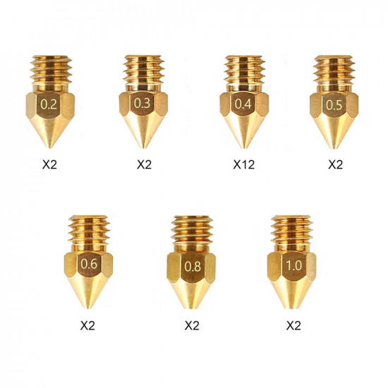 CREALITY MK8 Nozzles Kit (24 pcs) 0.2mm*2, 0.3mm *2, 0.4mm*12, 0.5mm*2, 0.6mm *2, 0.8mm*2, 1.0mm*2