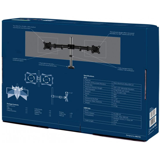 Arctic Z2 (Gen 3) - Dual Monitor Arm with 4-Port USB Hub in black color