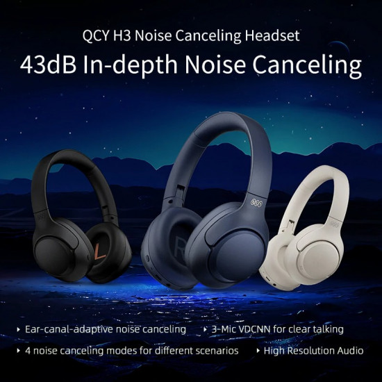 QCY H3 High-Res Headset Blue - w. Mic, Active Noise Canceling with 4 mode ANC 60h Multipoint