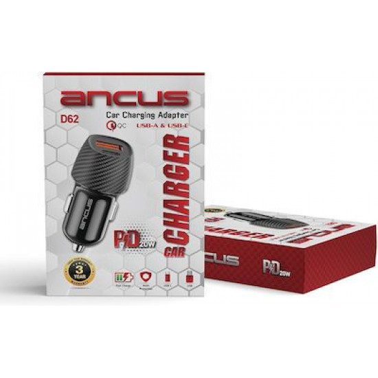Φορτιστής Αυτοκινήτου Ancus Pulse D62 Dual USB-C PD 20W και USB QC 3.0A 18W Μαύρο