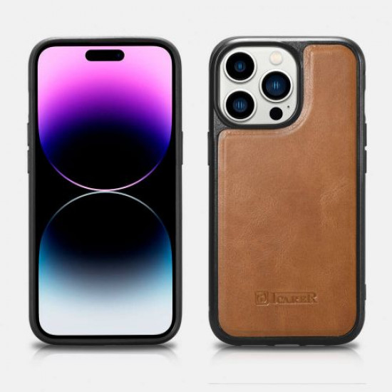 iCarer WMI14220718 iPhone 14 Pro Genuine Leather TPU Back Cover Light Brown